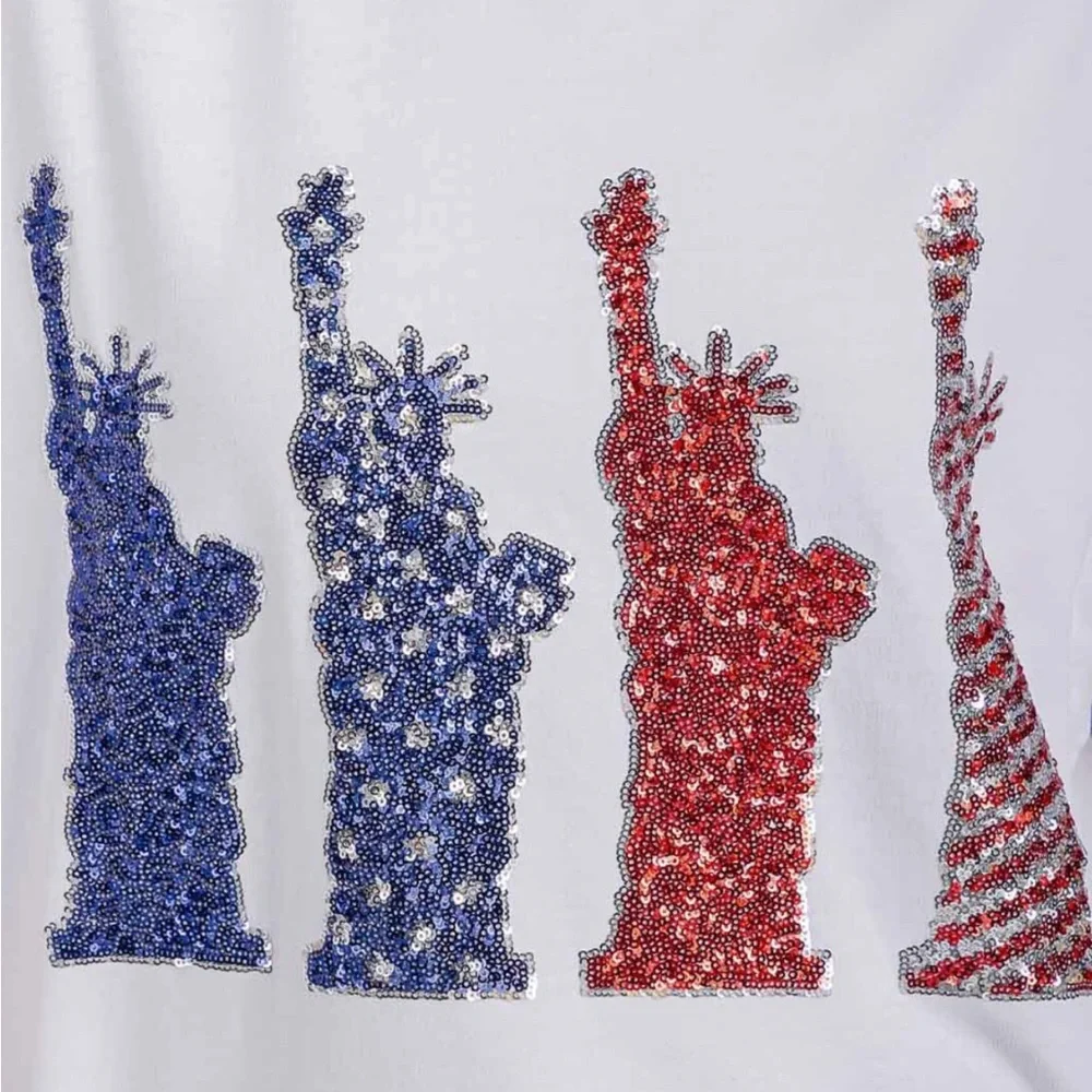 FANTASTIC FAWN sequin liberty patriotic oversized white tee S M L - Picture 4 of 9